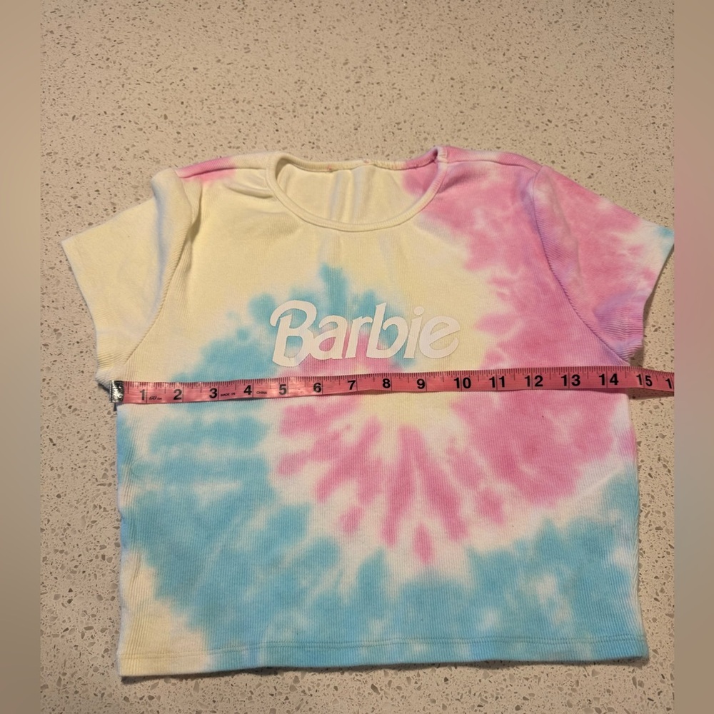 Barbie Adult Medium Tie-Dye Cropped T-Shirt - Pink, Blue, and Cream - Picture 4 of 6